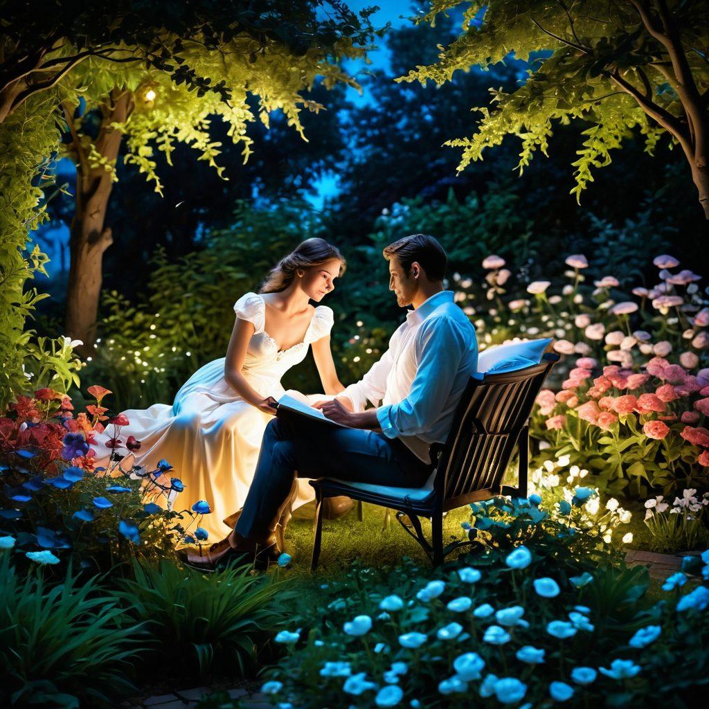 A captivating scene depicting two figures in a lush, moonlit garden surrounded by blooming flowers, embodying flirtation and intimacy. The atmosphere is charged with an air of desire, illustrated through subtle glances and gently touching hands. Soft, glowing light envelops them, hinting at a romantic connection. Include elements of storytelling, like glowing book pages fluttering around them. super-realistic. vibrant colors. romantic ambiance.