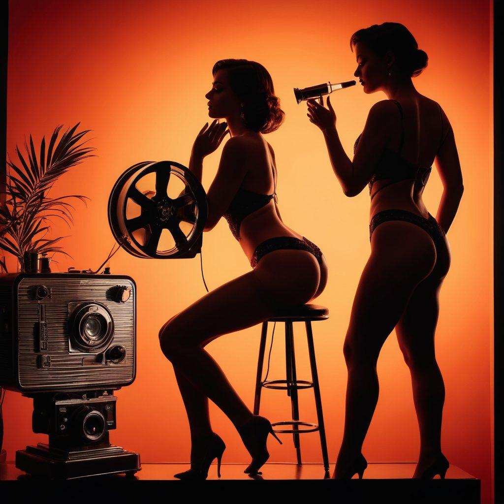 A captivating collage that blends elements of sensuality and cinema, featuring silhouettes of diverse individuals engaging in playful, intimate poses with hints of fetish-inspired attire. The backdrop showcases a vintage movie projector casting alluring shadows, with film reels intertwined in a seductive manner. Soft, warm lighting creates an inviting and mysterious atmosphere, accentuating the themes of pleasure and exploration. Intricately designed textures and subtle hints of erotic art enhance the visual depth. vibrant colors. retro aesthetic. 3D elements.